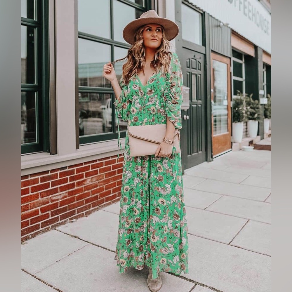 Free People Earthfolk Green Floral Maxi Dress with V-Neck